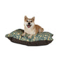 Dog sitting on a William Morris & Co patterned dog bed with a white background