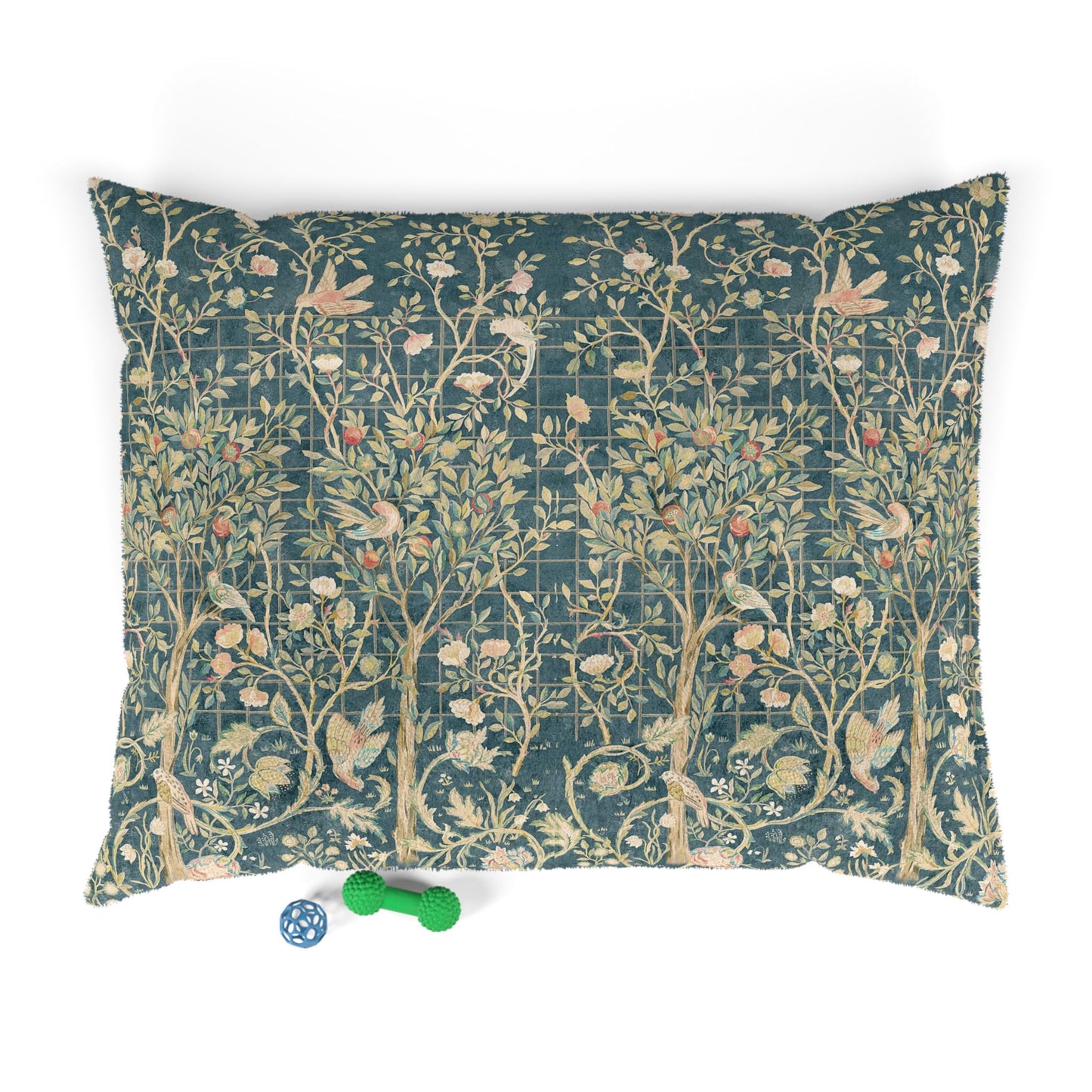 Decorative William Morris & Co dog pillow with nature-themed pattern on a white background