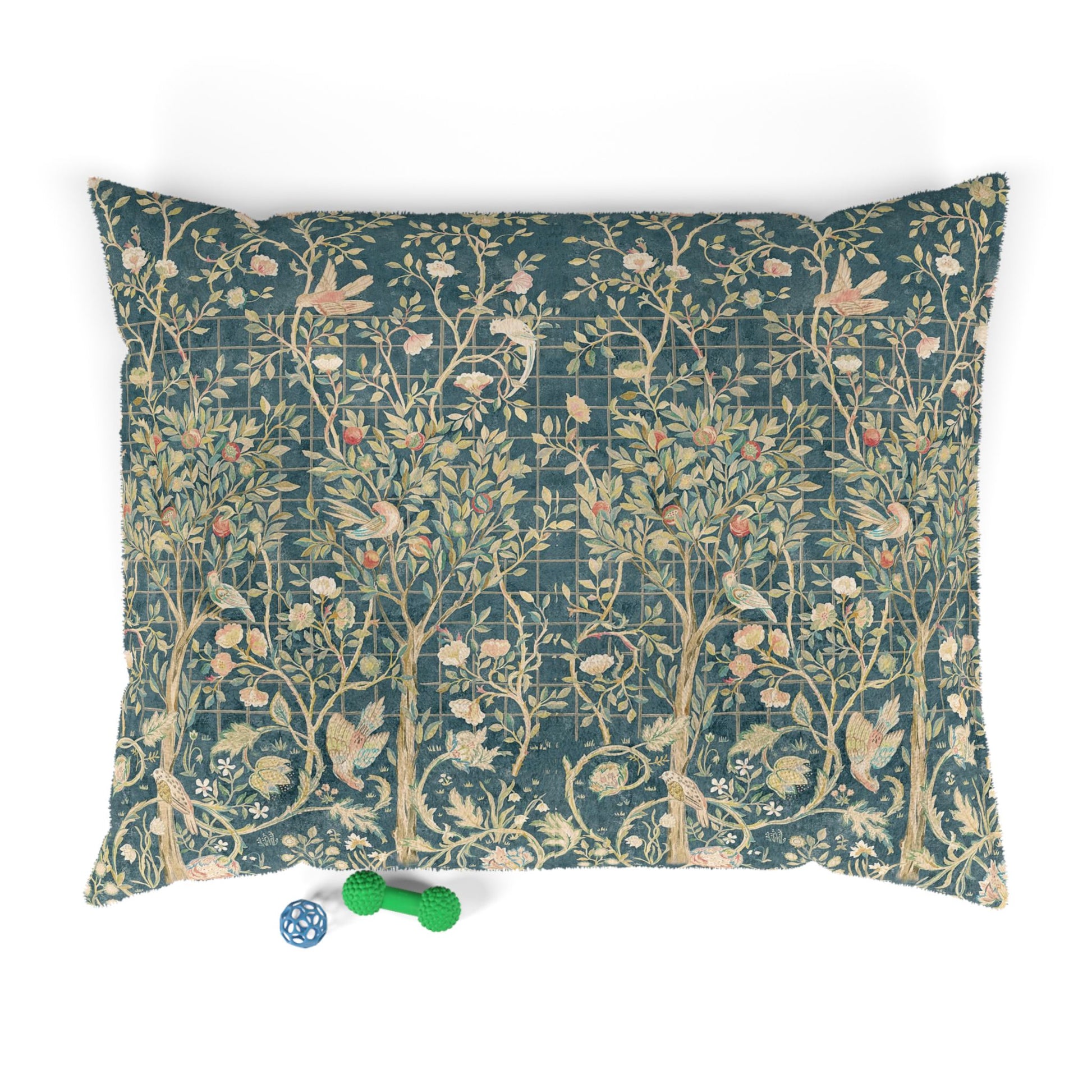 Decorative William Morris & Co dog pillow with nature-themed pattern on a white background