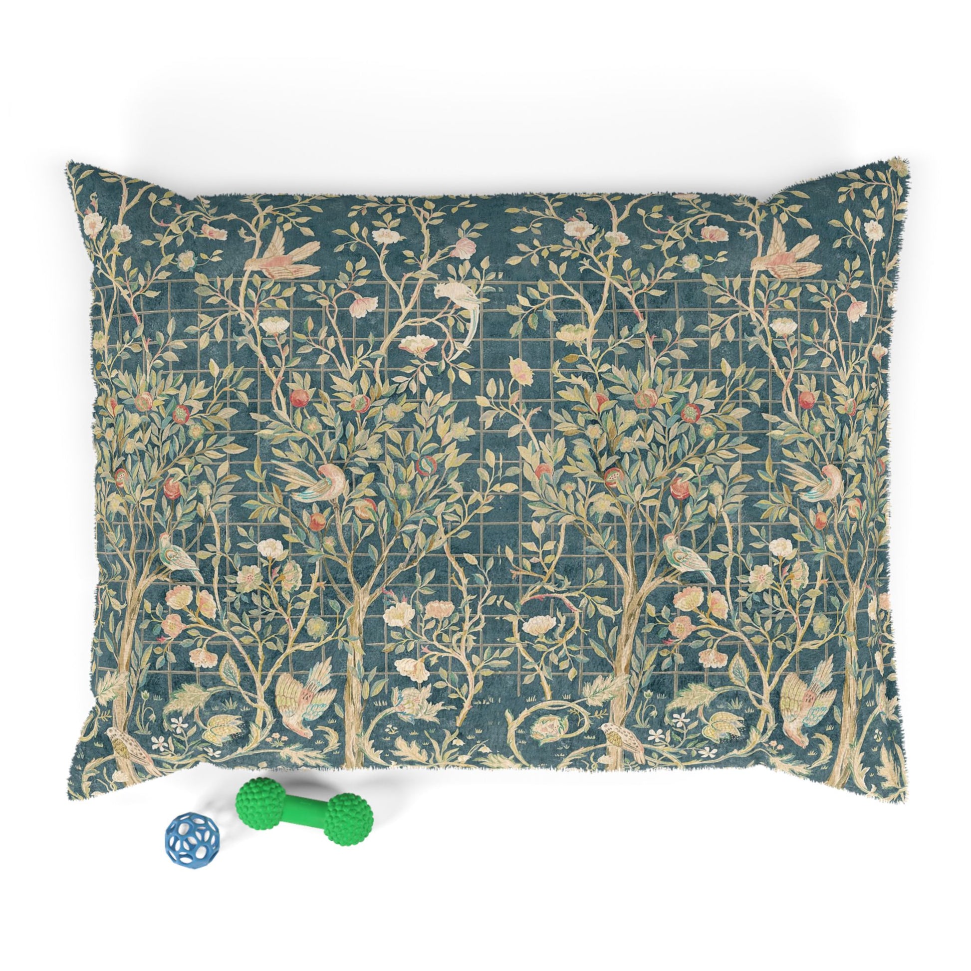 Decorative dog pillow with nature-themed William Morris & Co pattern on a white background