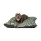 Dog lying on a William Morris & Co floral-patterned dog bed with a white background