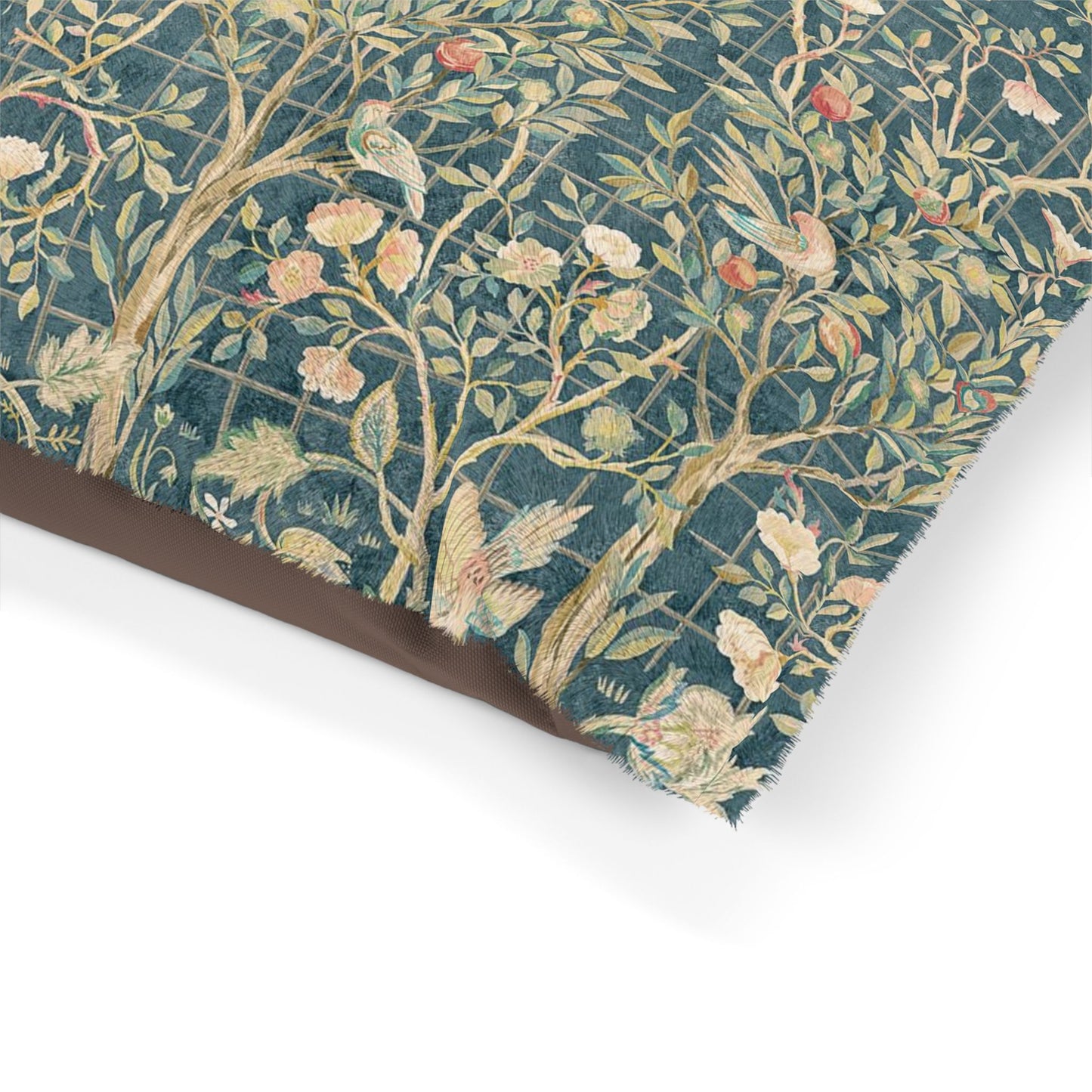 Dog Pillow with a nature-themed design featuring William Morris & Co birds and flowers on a teal background.