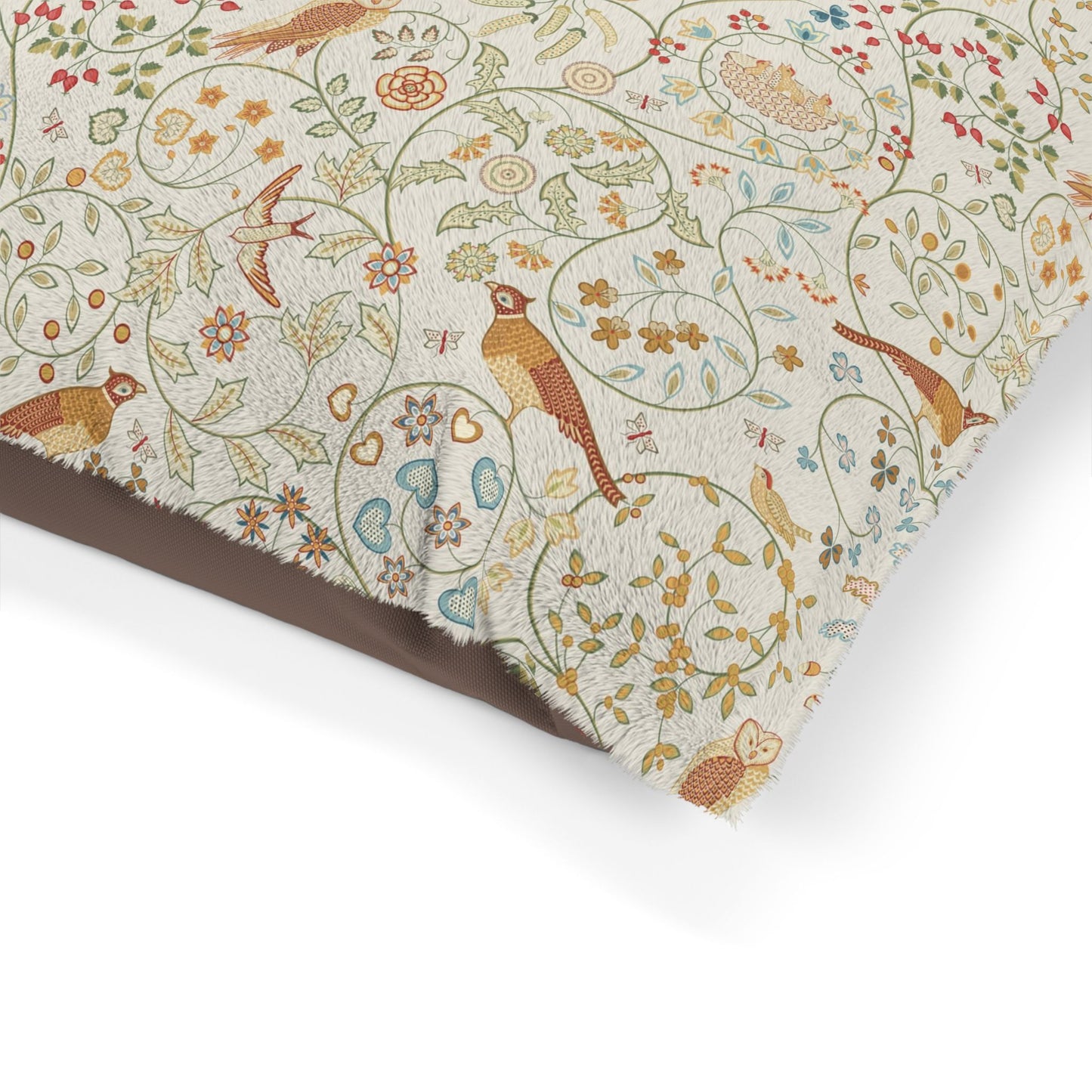 Fabric with a floral and bird pattern on a white background