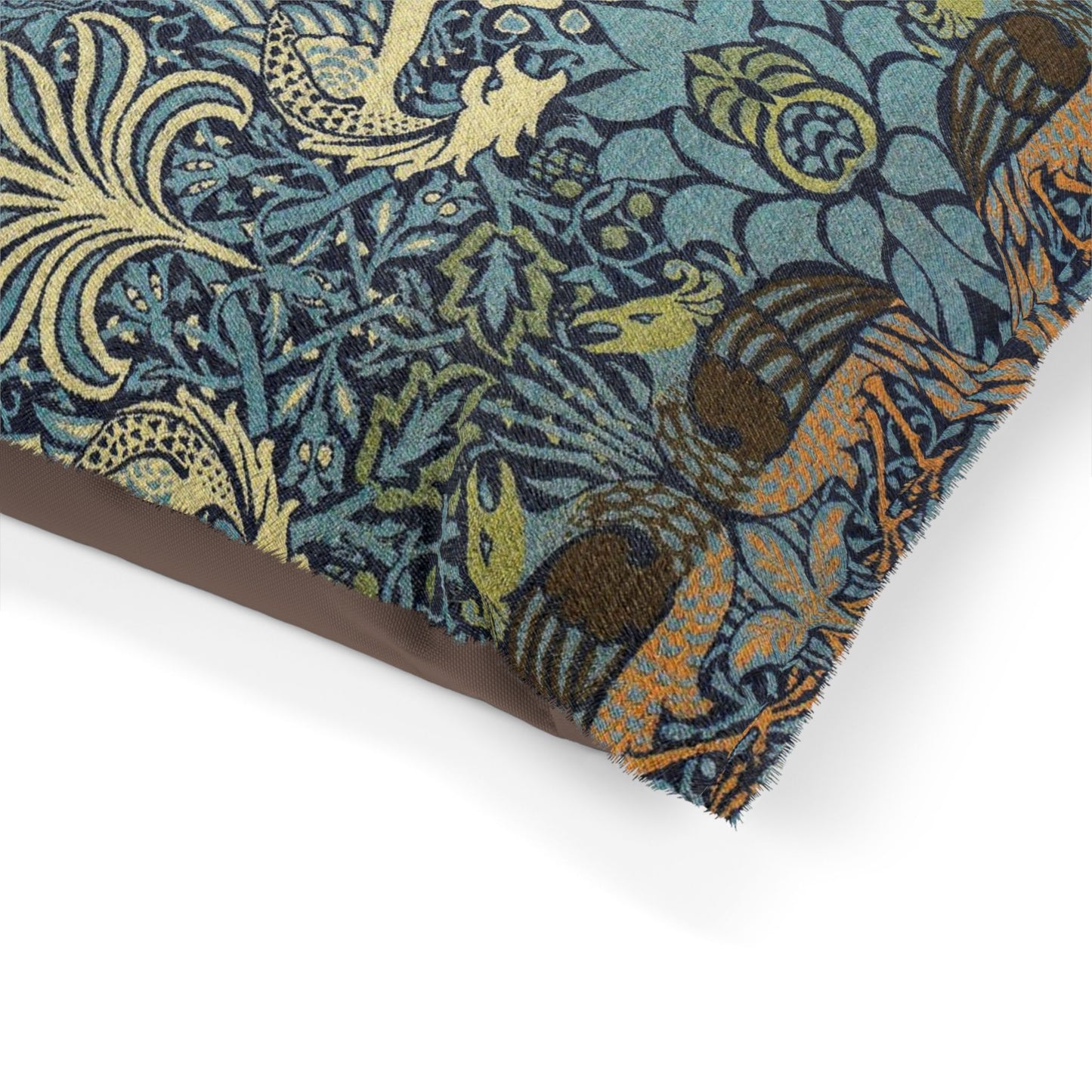 Patterned fabric with birds and foliage on a white background