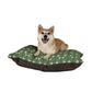 Dog sitting on a green floral-patterned dog bed with a brown border.