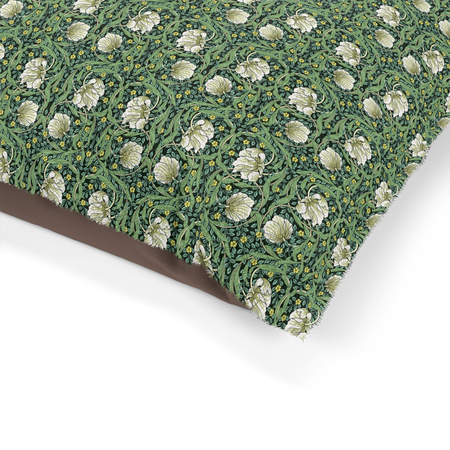 Floral patterned fabric with white flowers on a green background