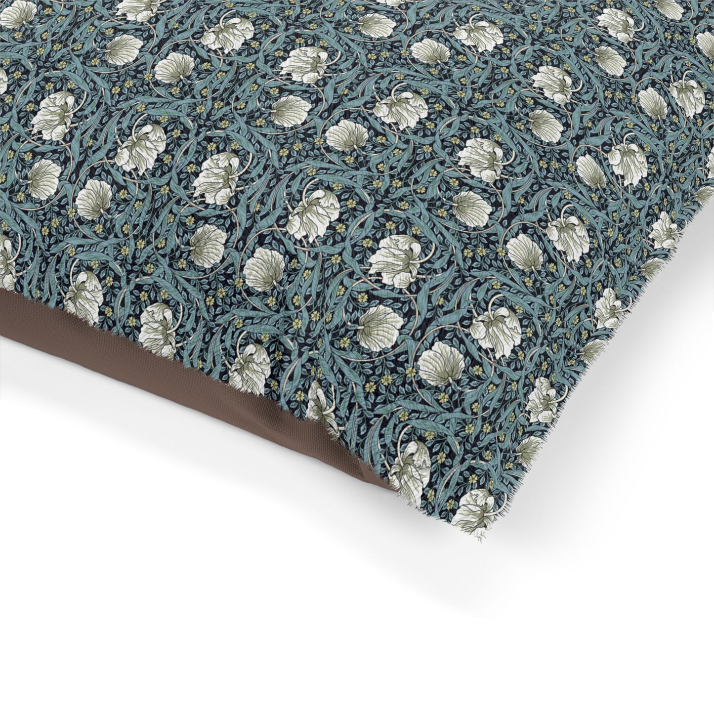 Floral patterned fabric with a brown border on a white background