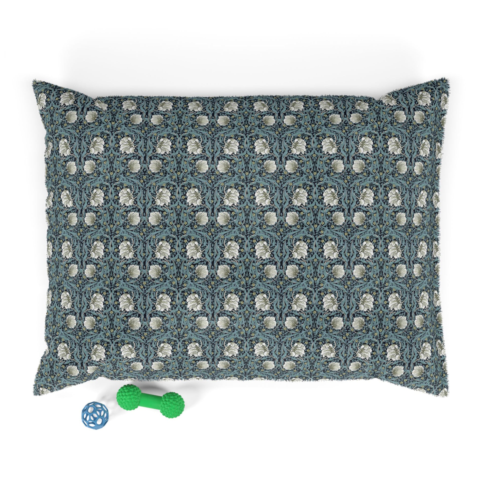 Decorative pillow with blue and white pattern on a white background