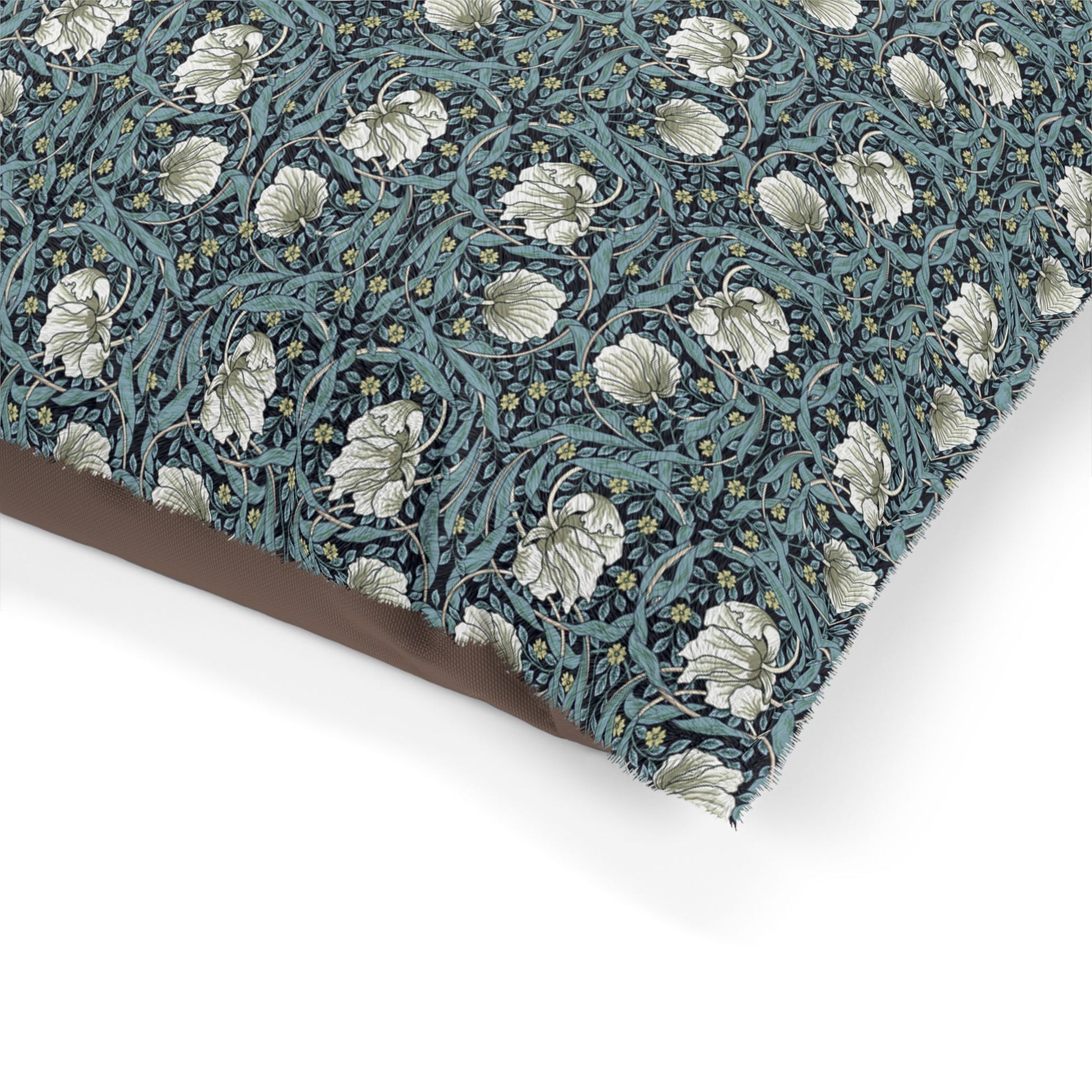 Floral patterned fabric with a brown border on a white background