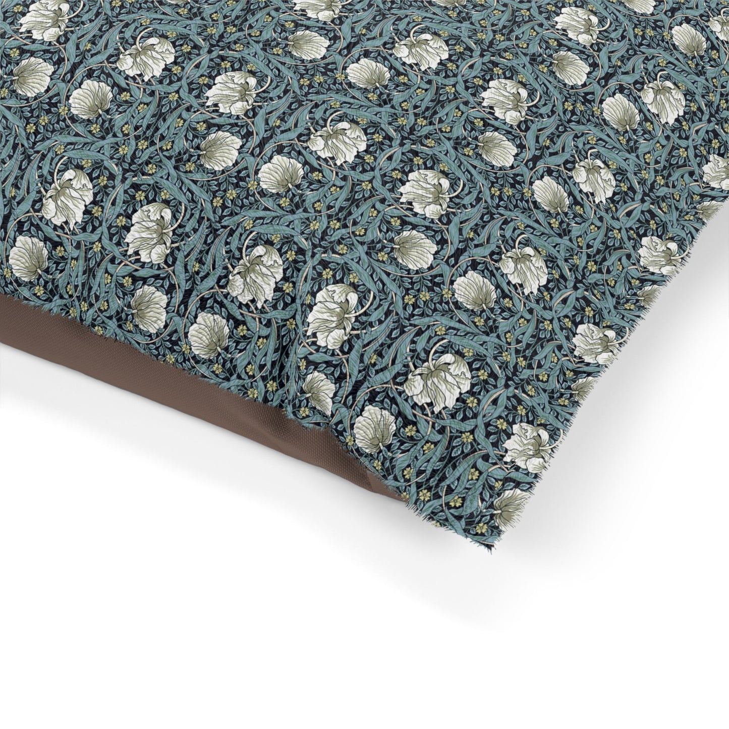 Floral patterned fabric with a brown border on a white background