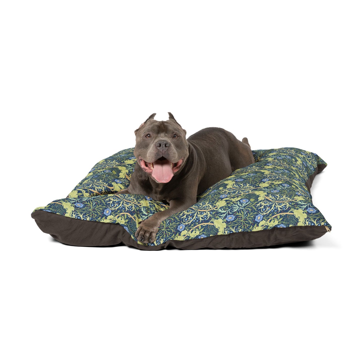 Dog lying on a William Morris & Co floral-patterned dog bed with a white background