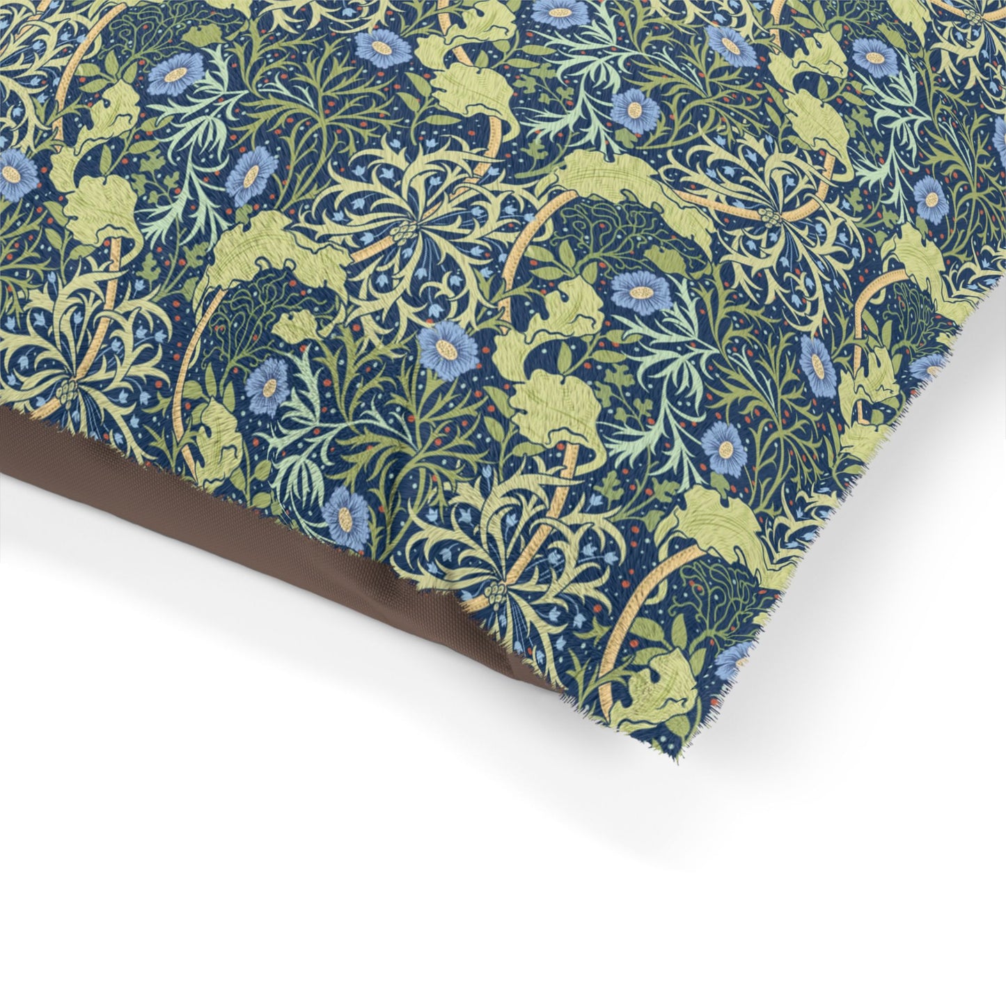 Floral patterned fabric with blue and green colors on a white background