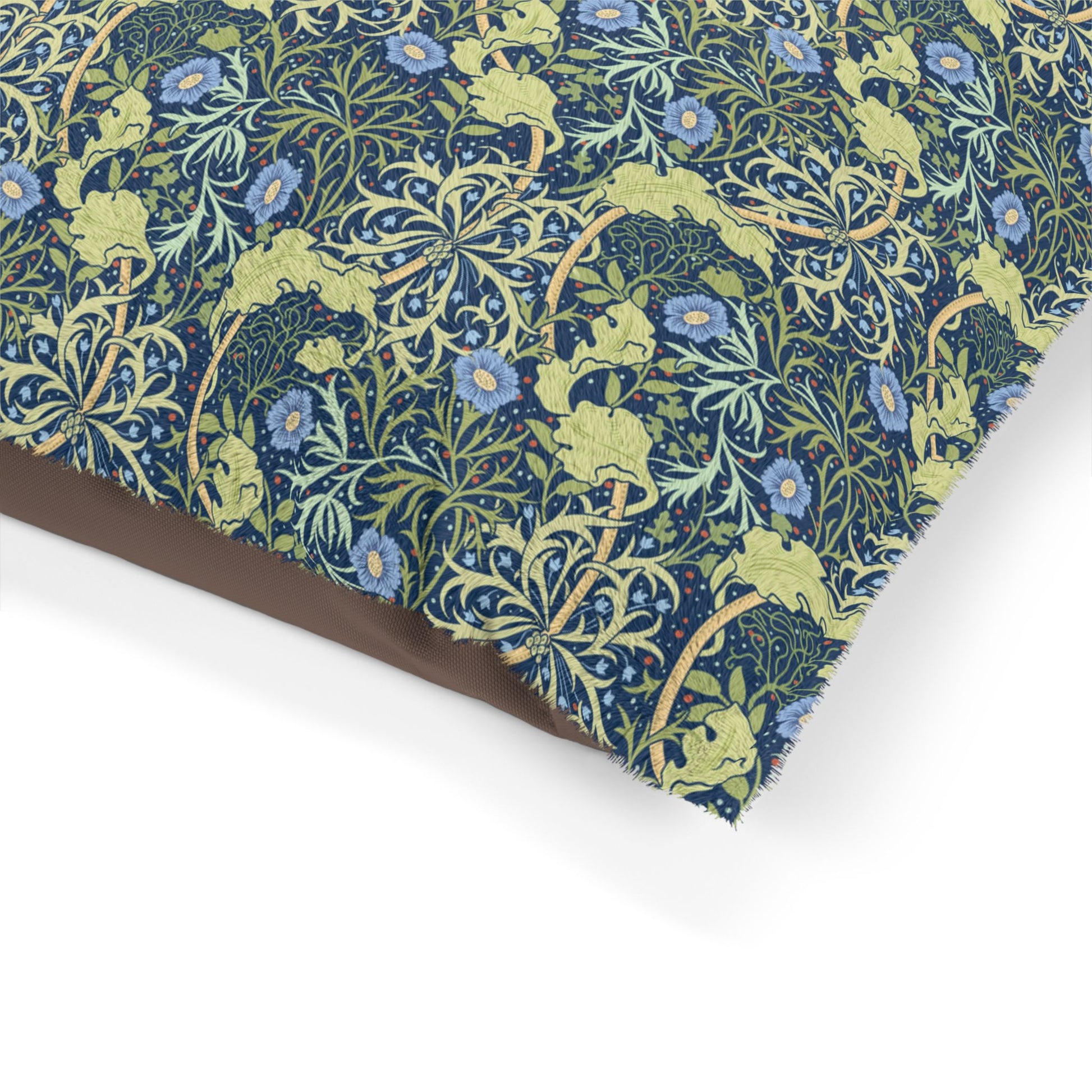 Floral patterned fabric with blue and green colors on a white background