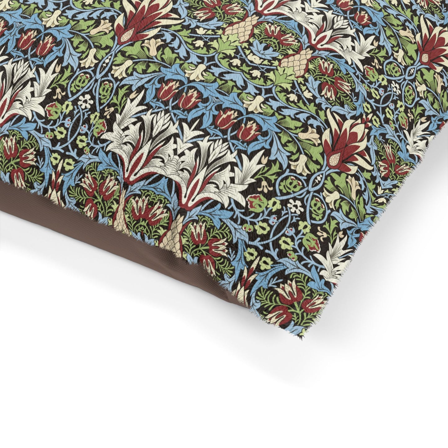 Floral patterned fabric with a wooden frame on a white background