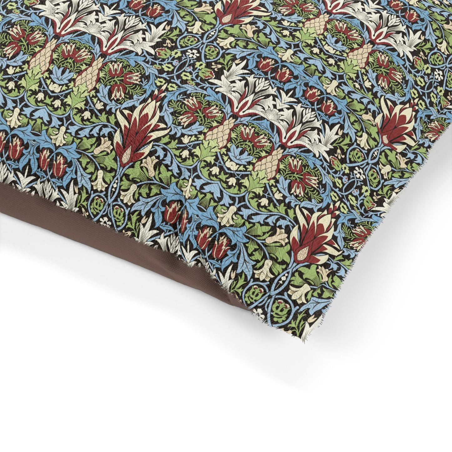 Floral patterned fabric with a brown border on a white background