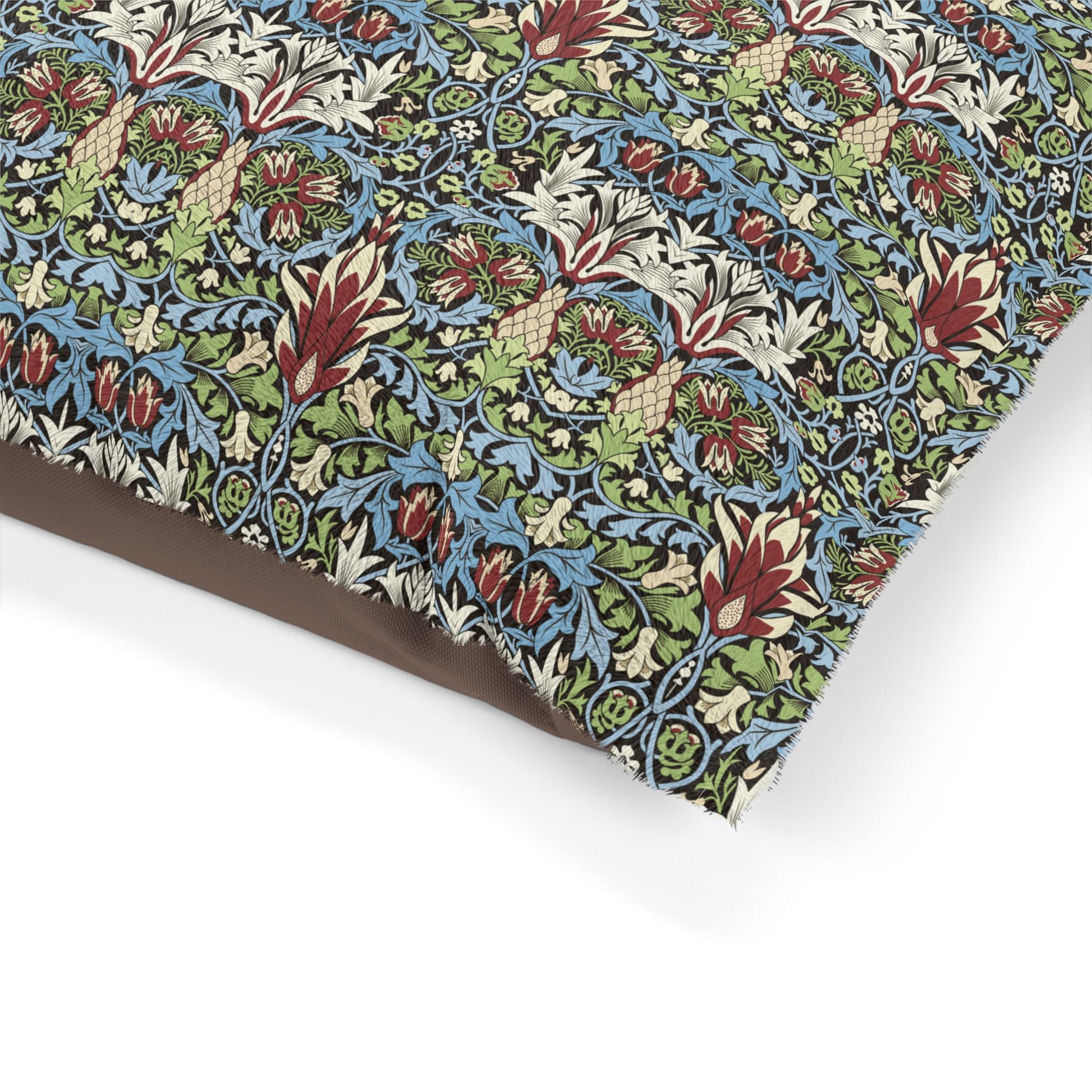 Floral patterned fabric with a brown border on a white background