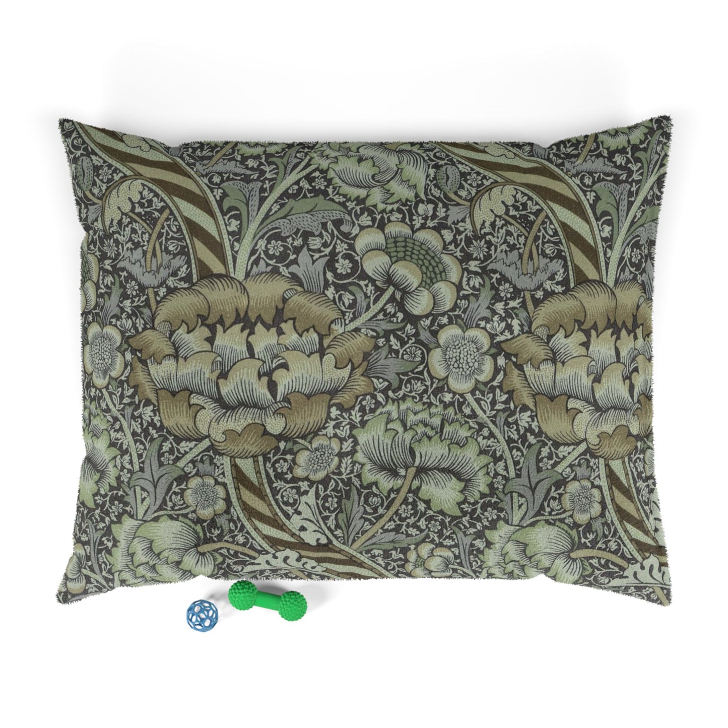 Floral patterned dog pillow with William Morris & Co decorative items on a white background