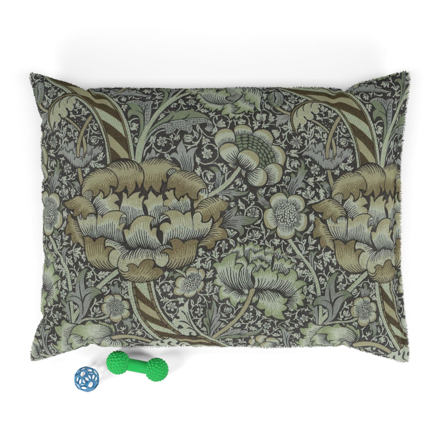 Decorative dog pillow with William Morris & Co floral pattern on a white background