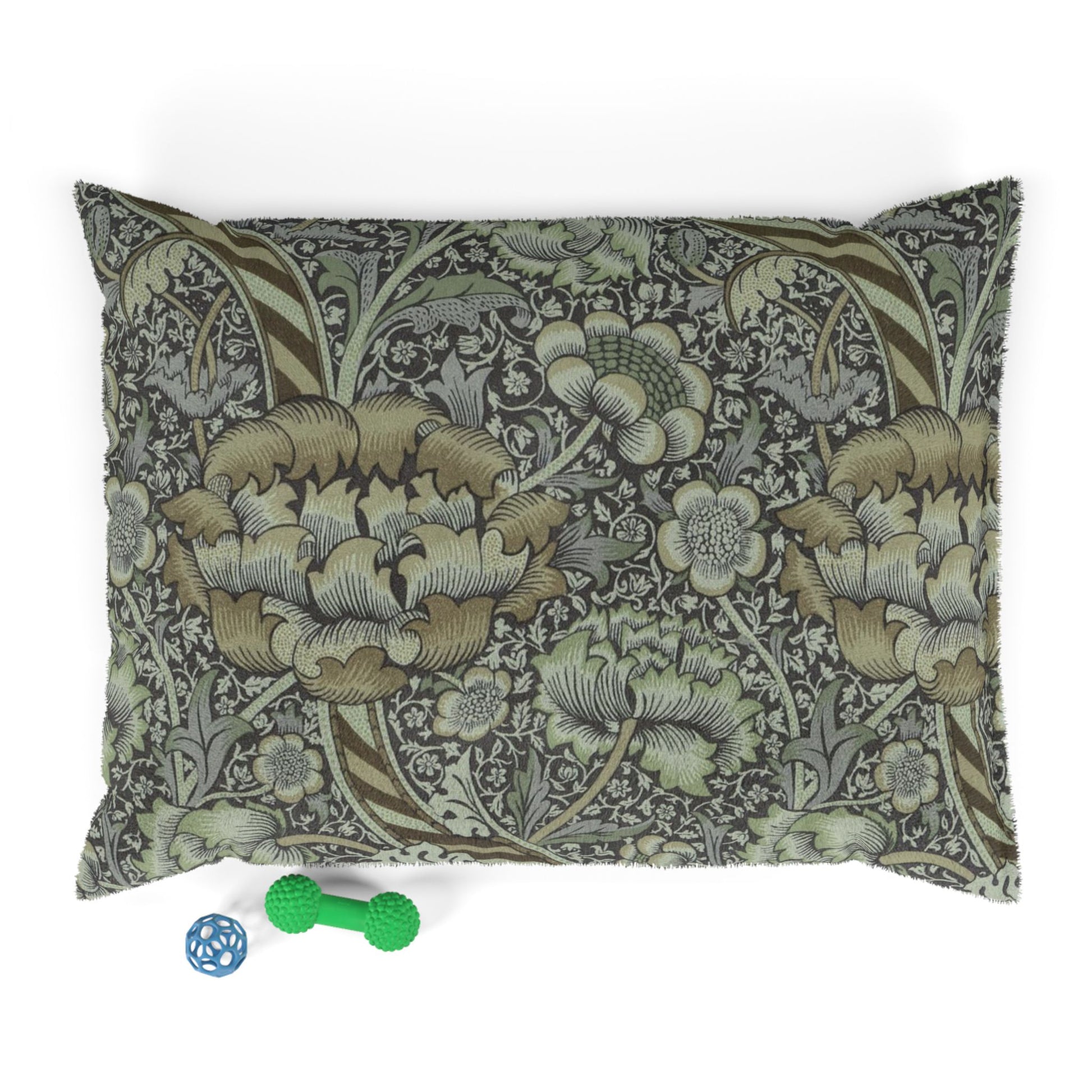 Decorative dog pillow with William Morris & Co floral pattern on a white background