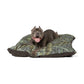 Dog lying on a patterned dog bed with a white background