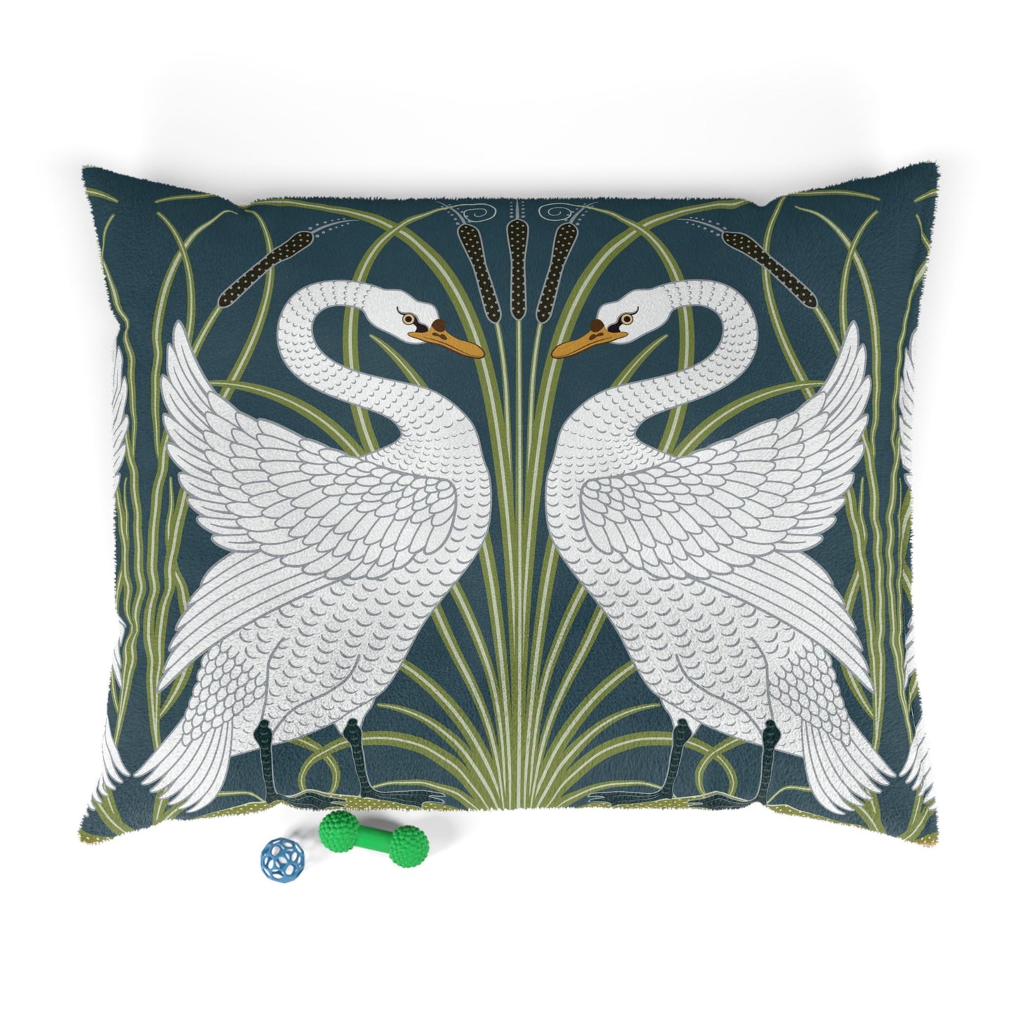 Decorative William Morris & Co pillow with swan design on a blue background