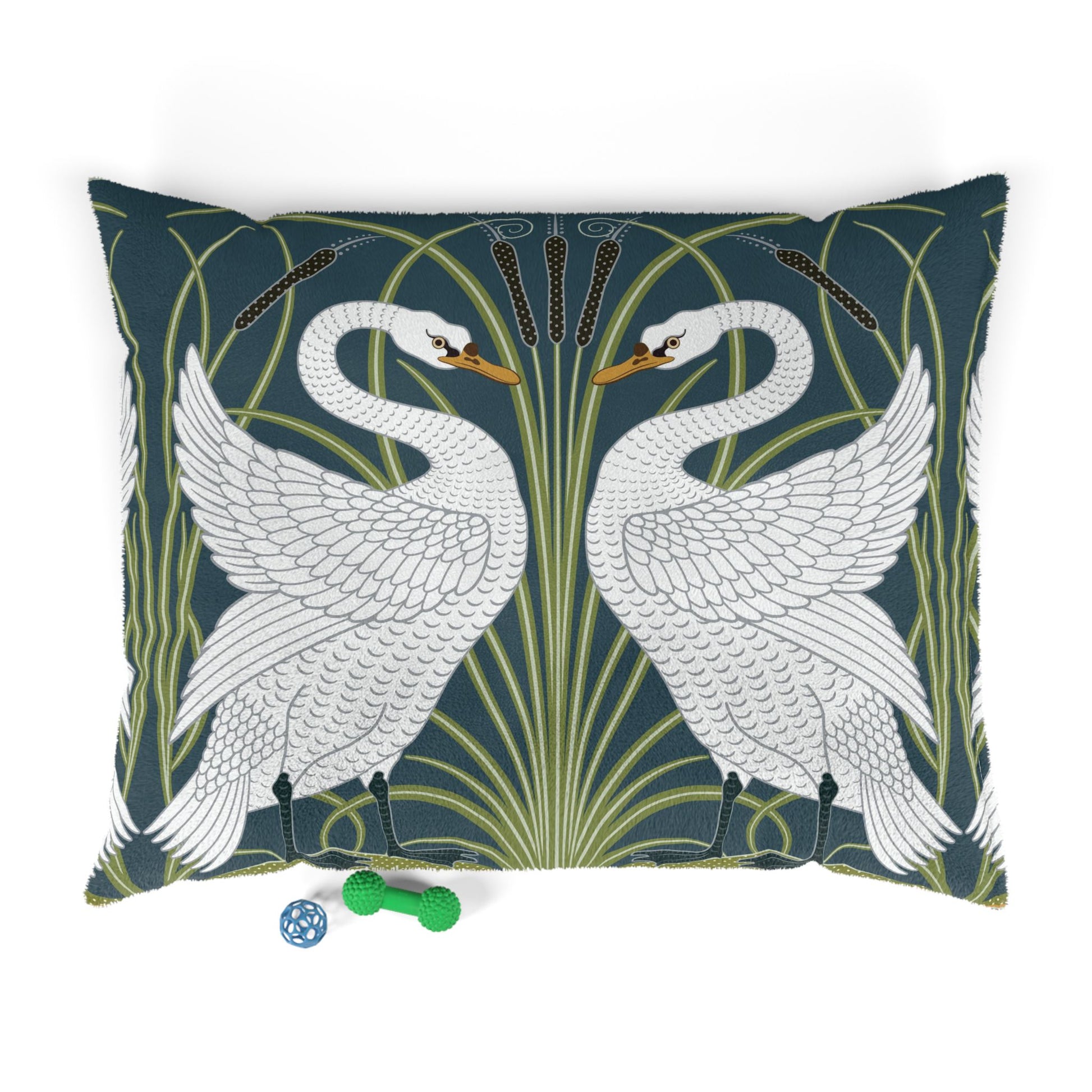 Decorative William Morris & Co pillow with swan design on a blue background