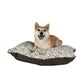 Dog sitting on a colorful geometric-patterned pet bed with a white background
