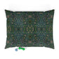 Decorative dog pillow with a William Morris & Co green and brown pattern on a white background