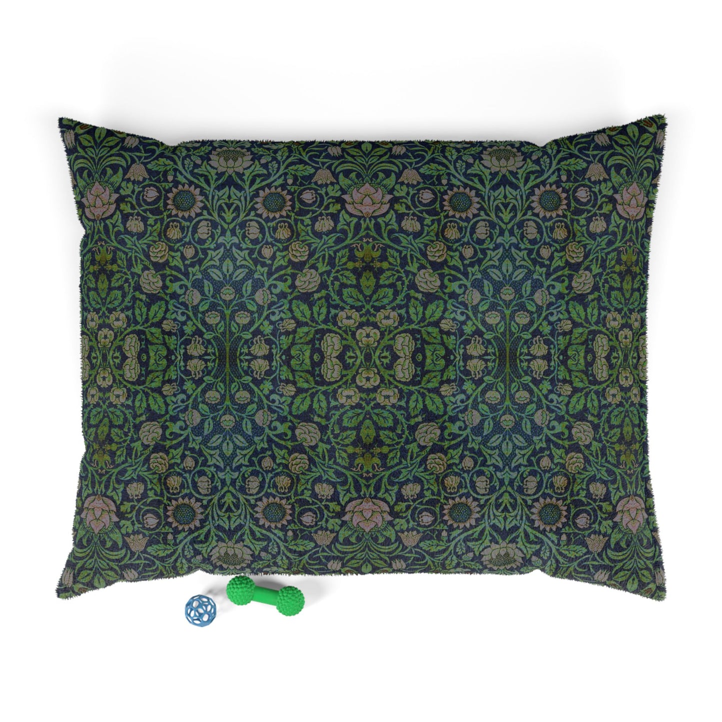Decorative dog pillow with a William Morris & Co green and brown pattern on a white background