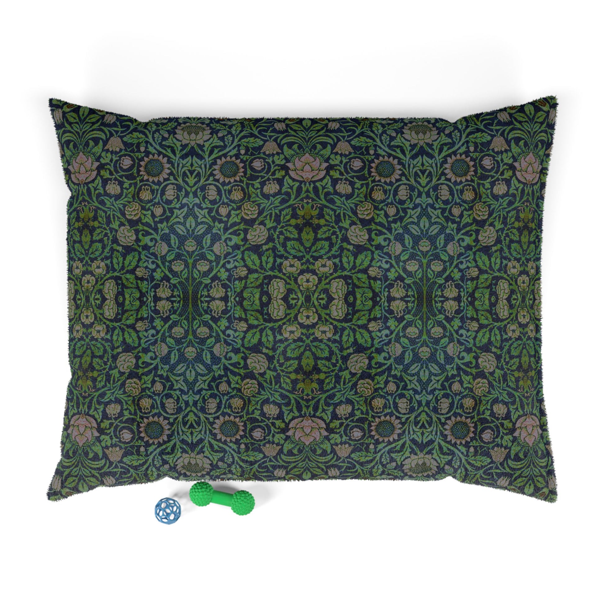 Decorative dog pillow with a William Morris & Co green and brown pattern on a white background