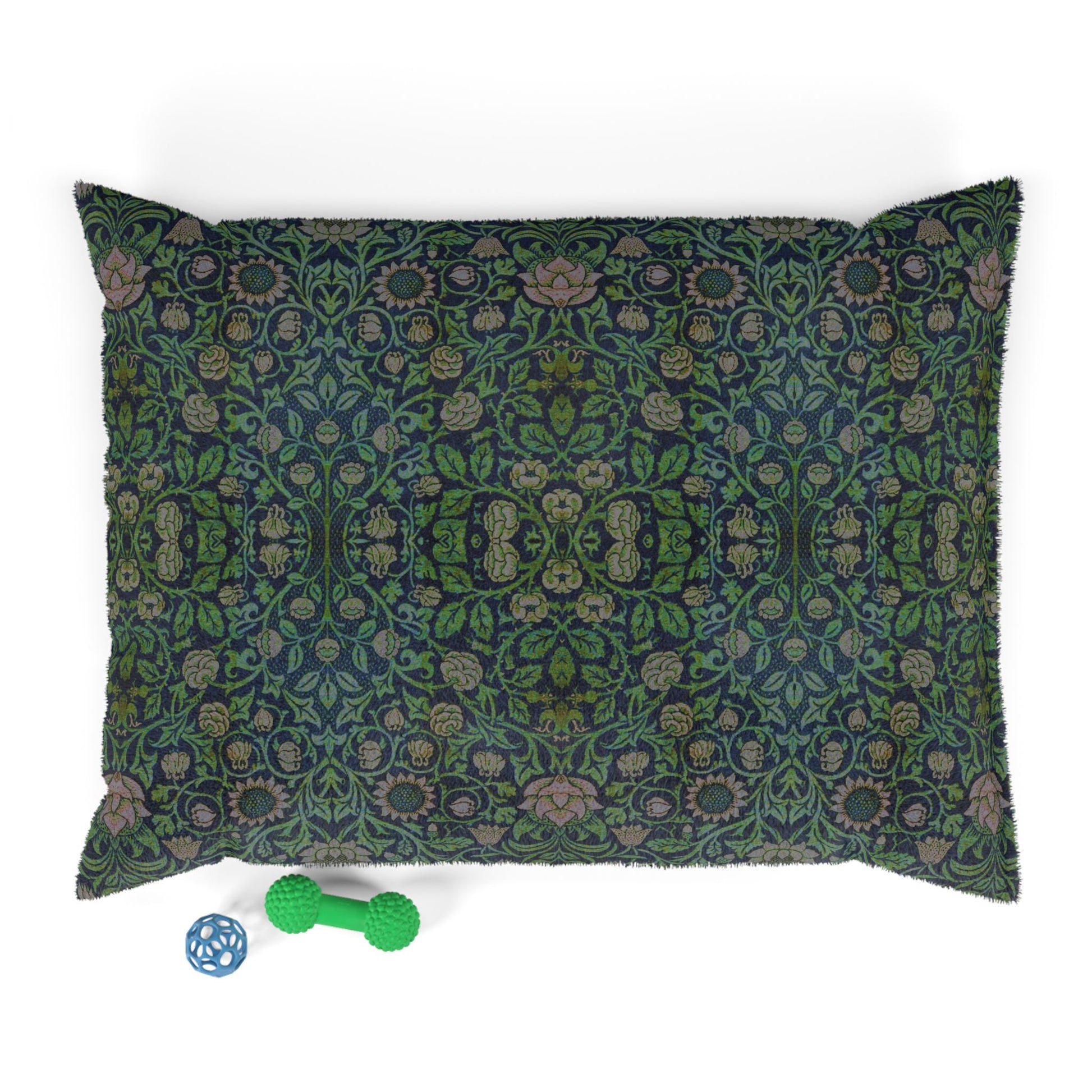 Decorative dog pillow with intricate William Morris & Co pattern on a white background