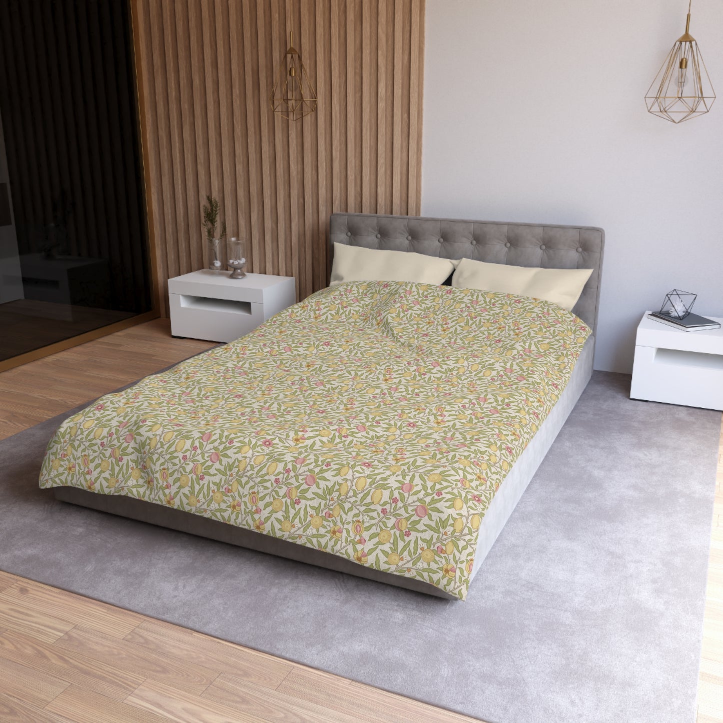 Bed with floral bedding in a modern bedroom setting