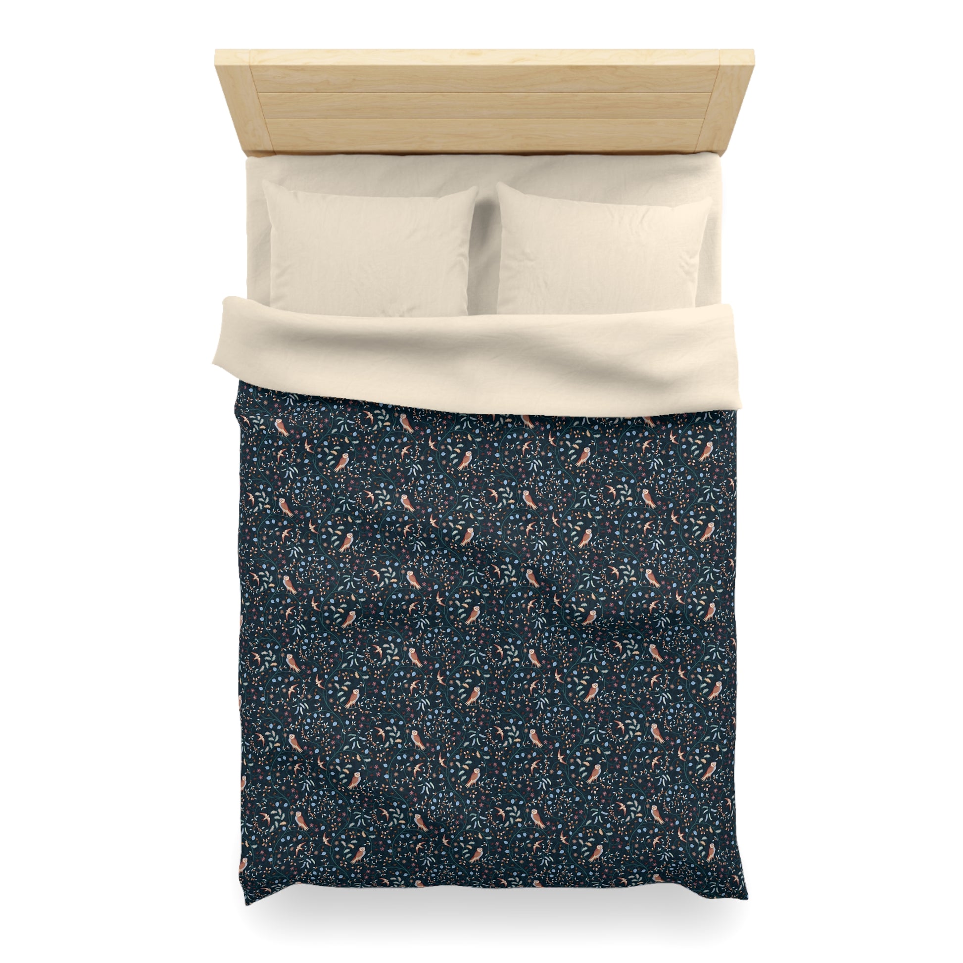 Patterned duvet cover with a beige top section on a white background