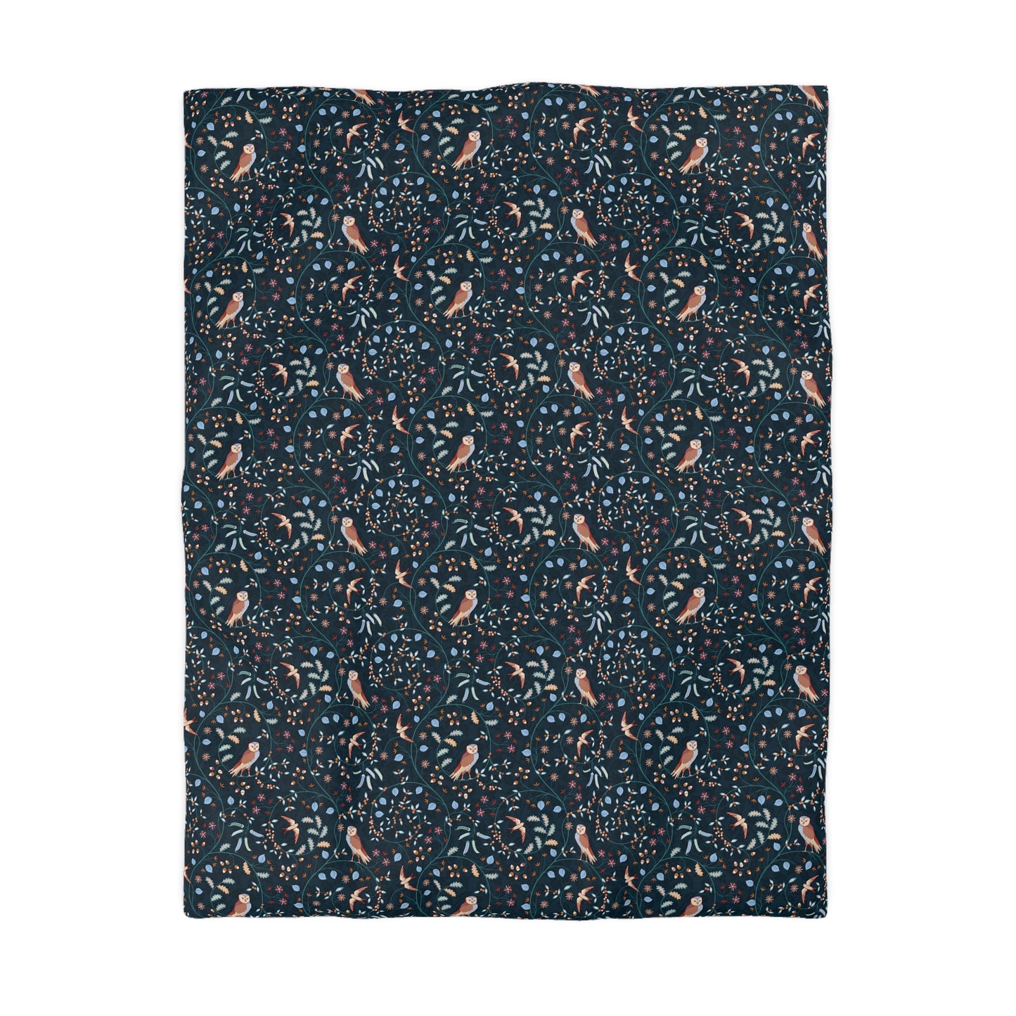 Patterned fabric with small designs on a dark blue background