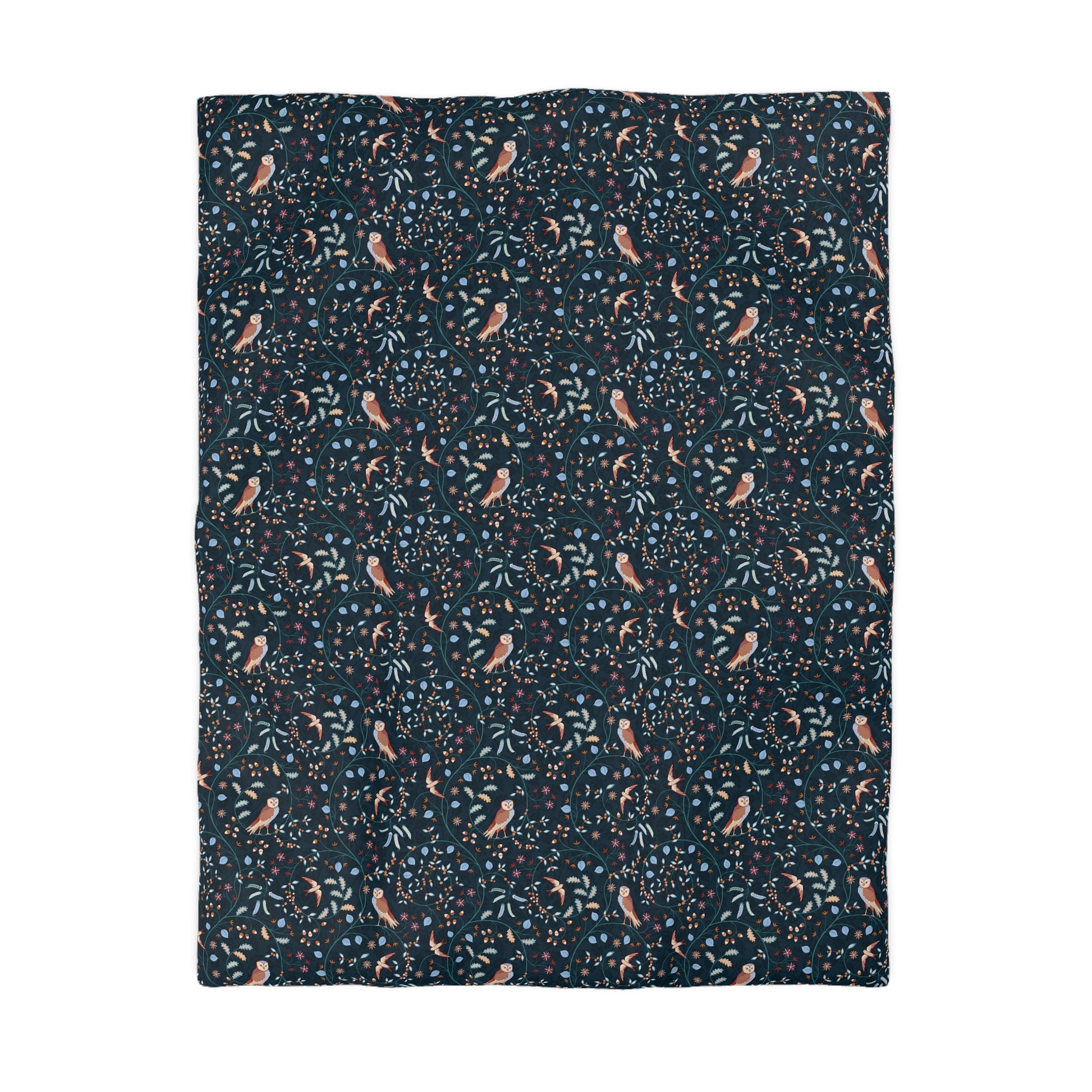 Patterned fabric with small designs on a dark blue background