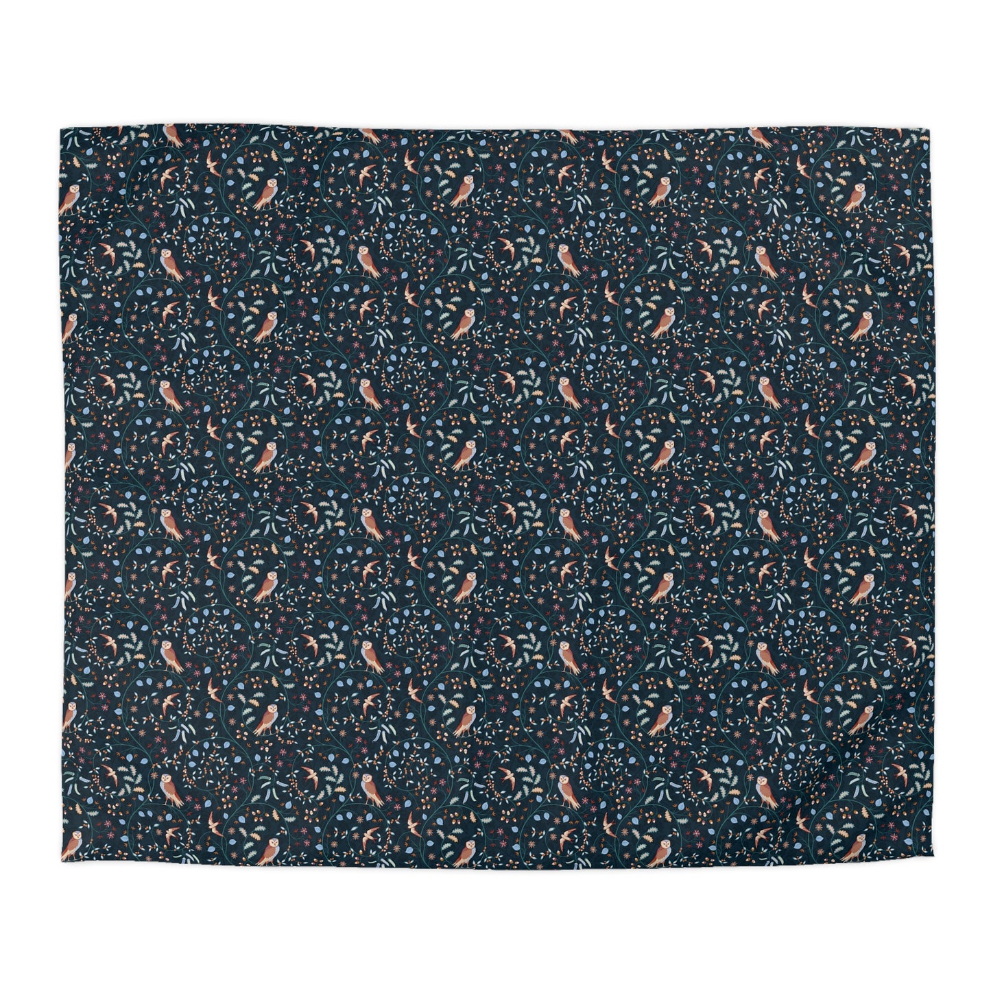 Floral patterned fabric swatch on a dark blue background