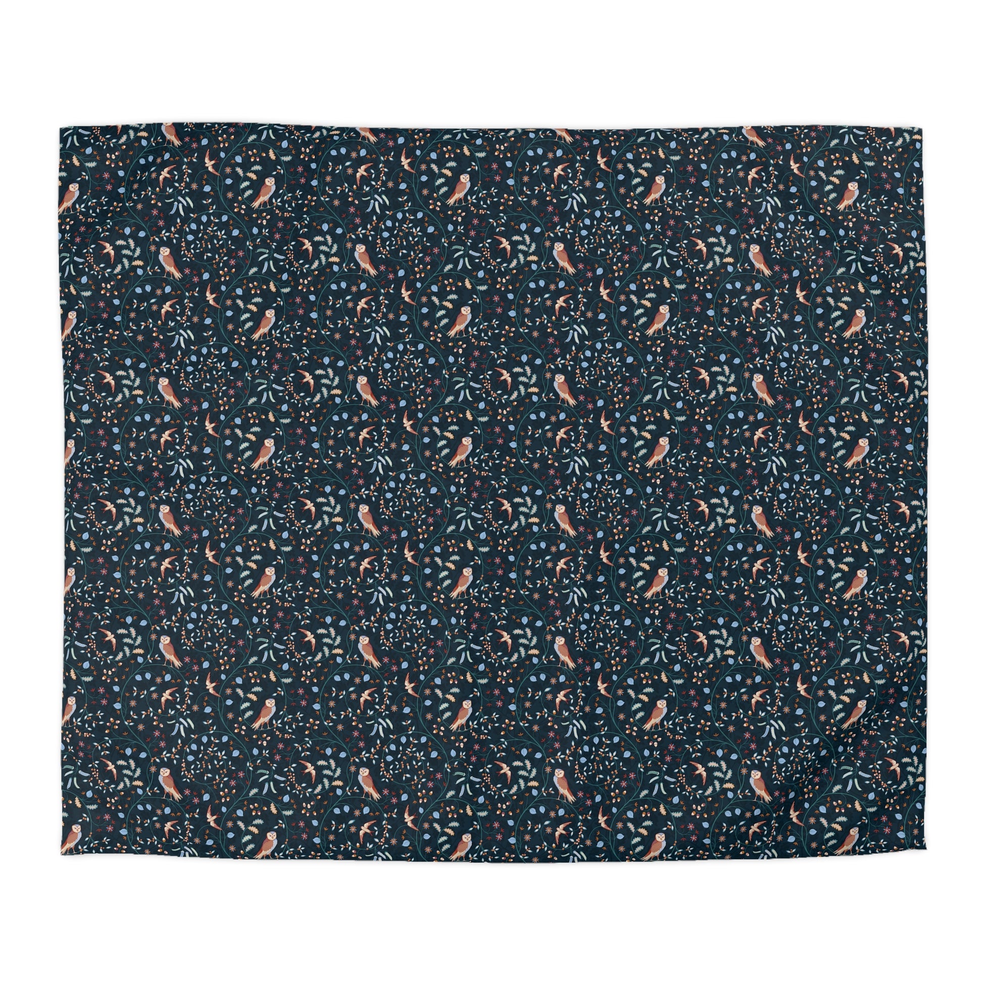 Floral patterned fabric swatch on a dark blue background