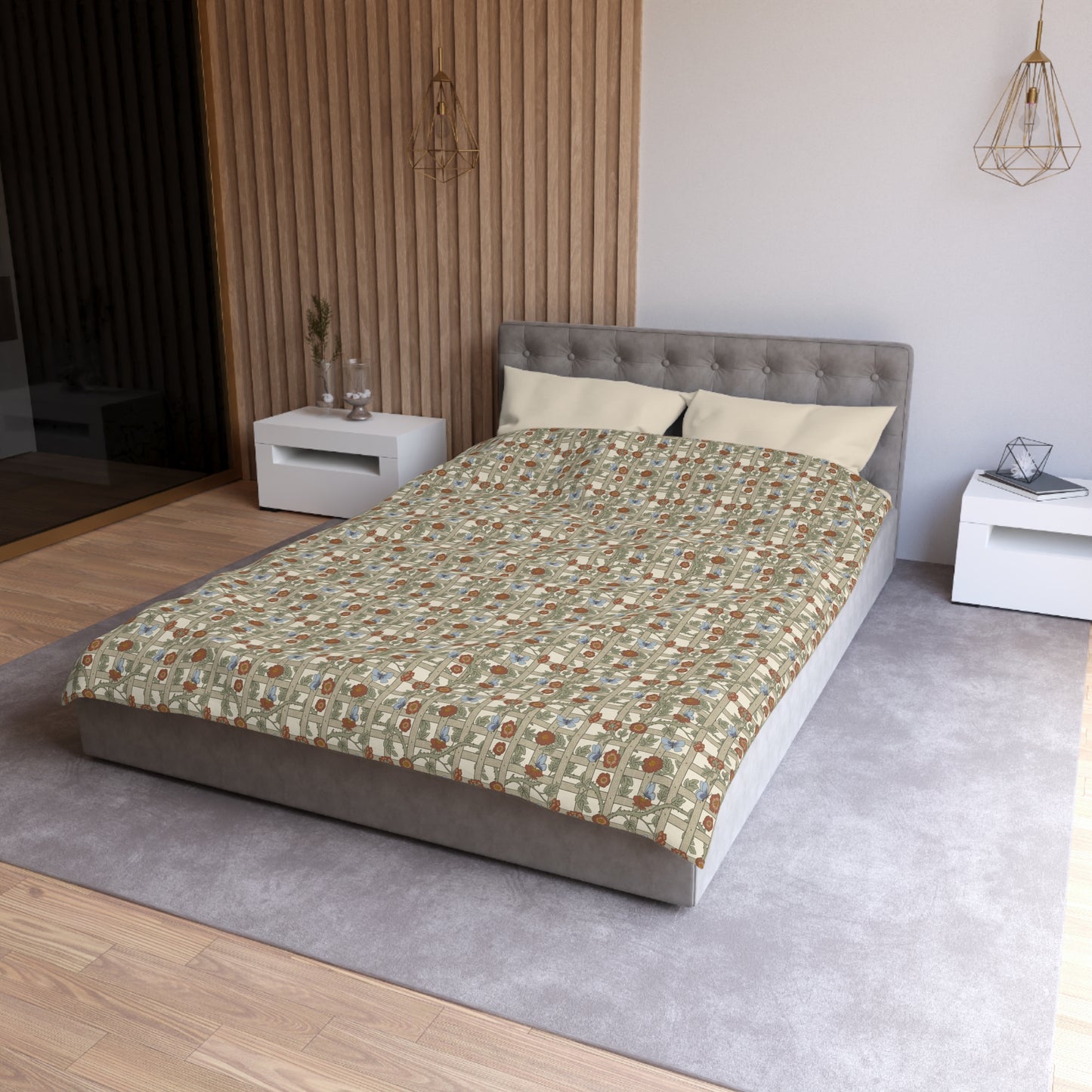 Bed with patterned bedding in a modern bedroom setting