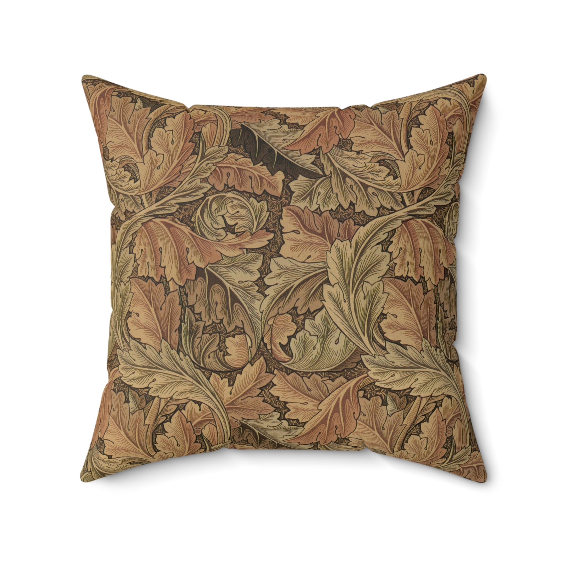 A square-shaped throw pillow with a brown faux suede cover featuring a leaf pattern inspired by William Morris - Acanthus Collection.