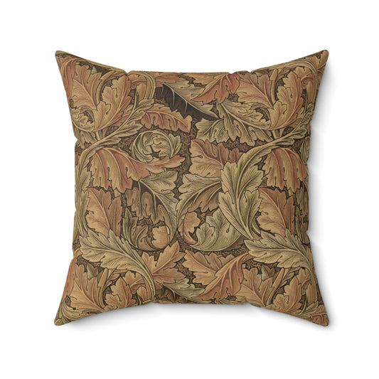 A square-shaped throw pillow with a brown faux suede cover featuring a leaf pattern inspired by William Morris - Acanthus Collection.