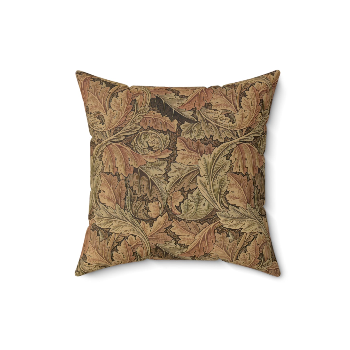 A square-shaped throw pillow with a brown faux suede cover featuring a leaf pattern inspired by William Morris - Acanthus Collection.