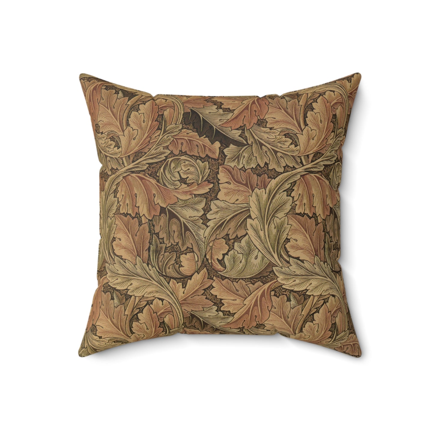 A square-shaped throw pillow with a brown faux suede cover featuring a leaf pattern inspired by William Morris - Acanthus Collection.