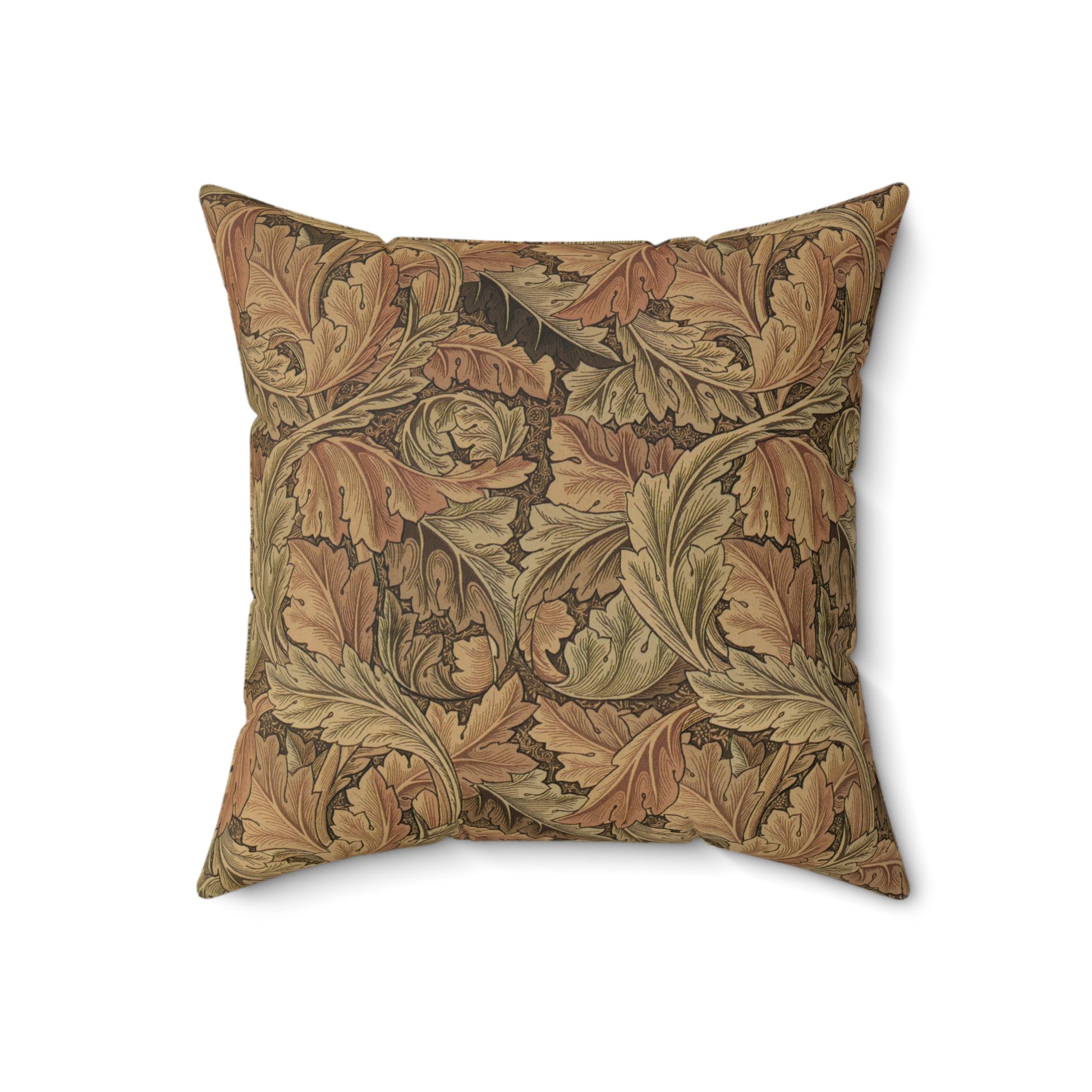 A square-shaped throw pillow with a brown faux suede cover featuring a leaf pattern inspired by William Morris - Acanthus Collection.