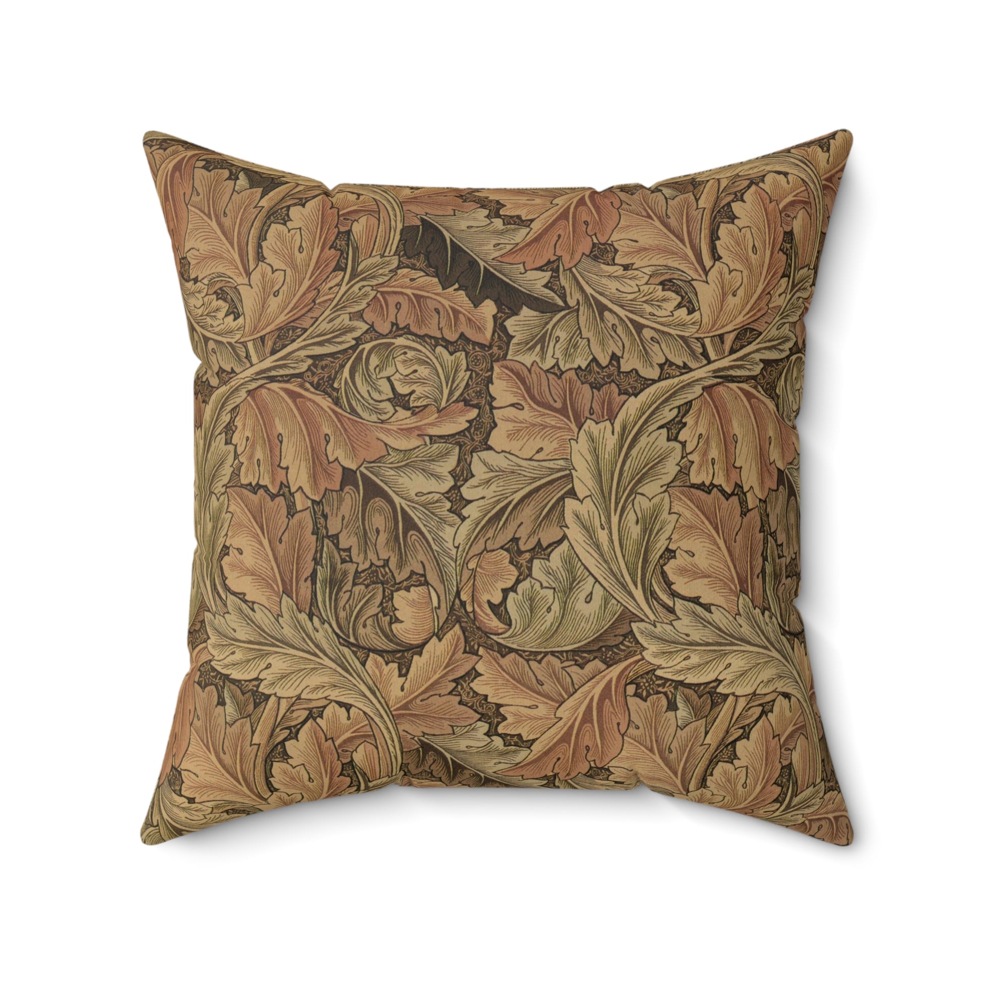 A square-shaped throw pillow with a brown faux suede cover featuring a leaf pattern inspired by William Morris - Acanthus Collection.