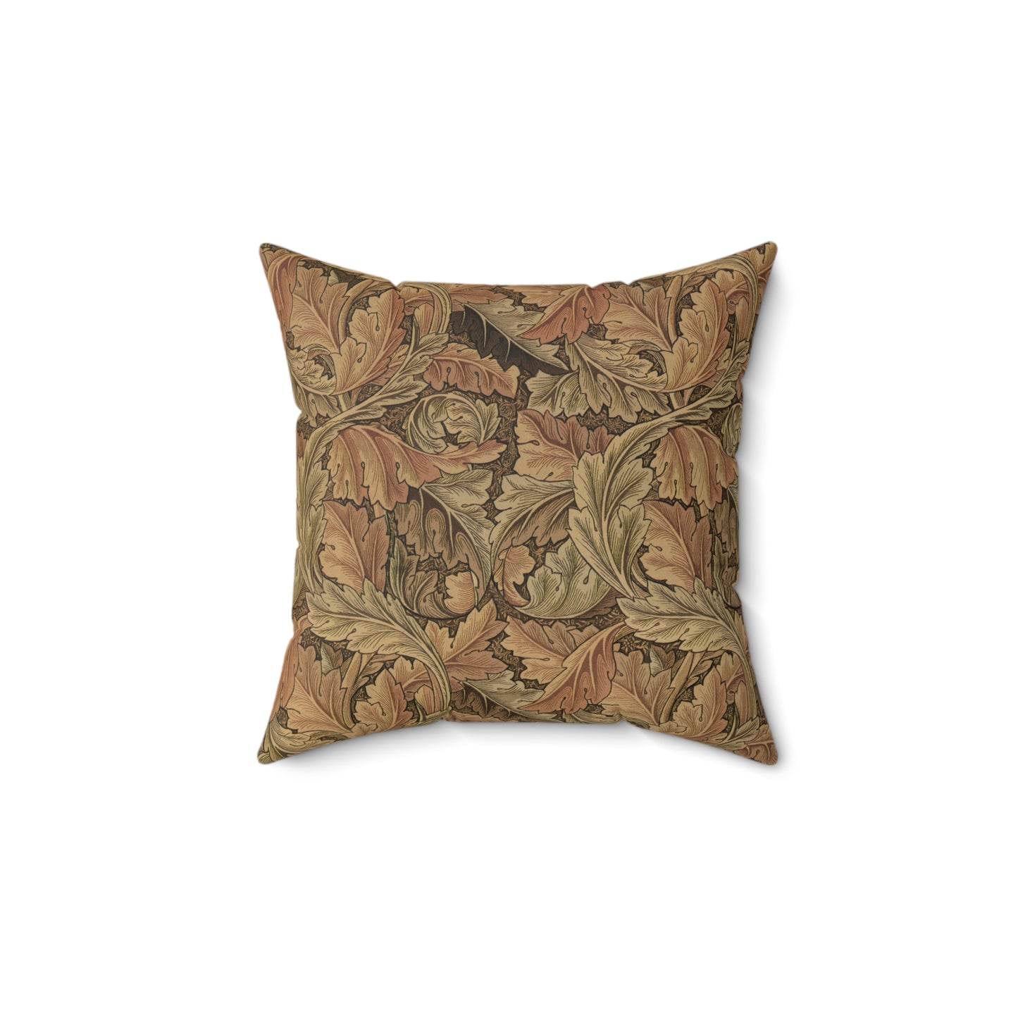 A square-shaped throw pillow with a brown faux suede cover featuring a leaf pattern inspired by William Morris - Acanthus Collection.