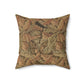 A square-shaped throw pillow with a brown faux suede cover featuring a leaf pattern inspired by William Morris - Acanthus Collection.