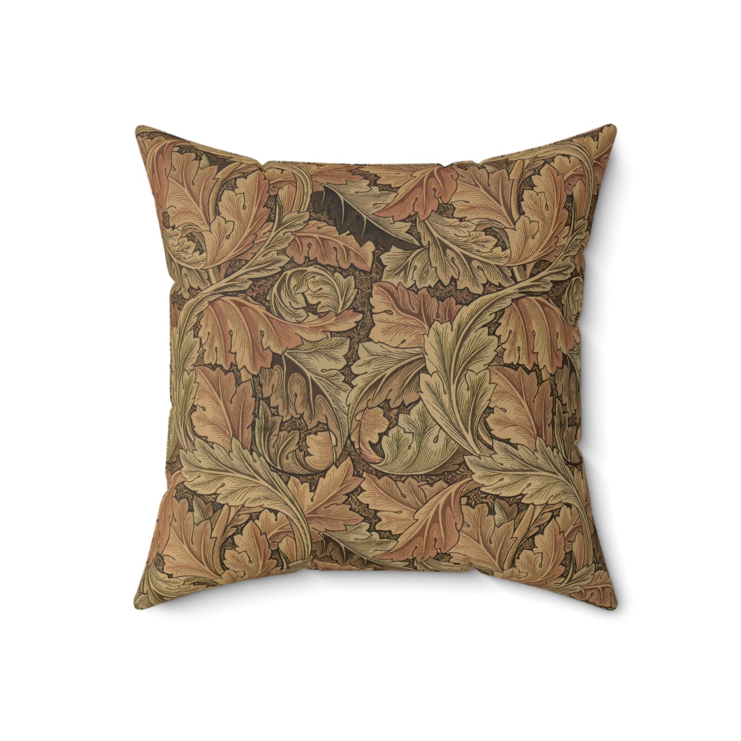 A square-shaped throw pillow with a brown faux suede cover featuring a leaf pattern inspired by William Morris - Acanthus Collection.