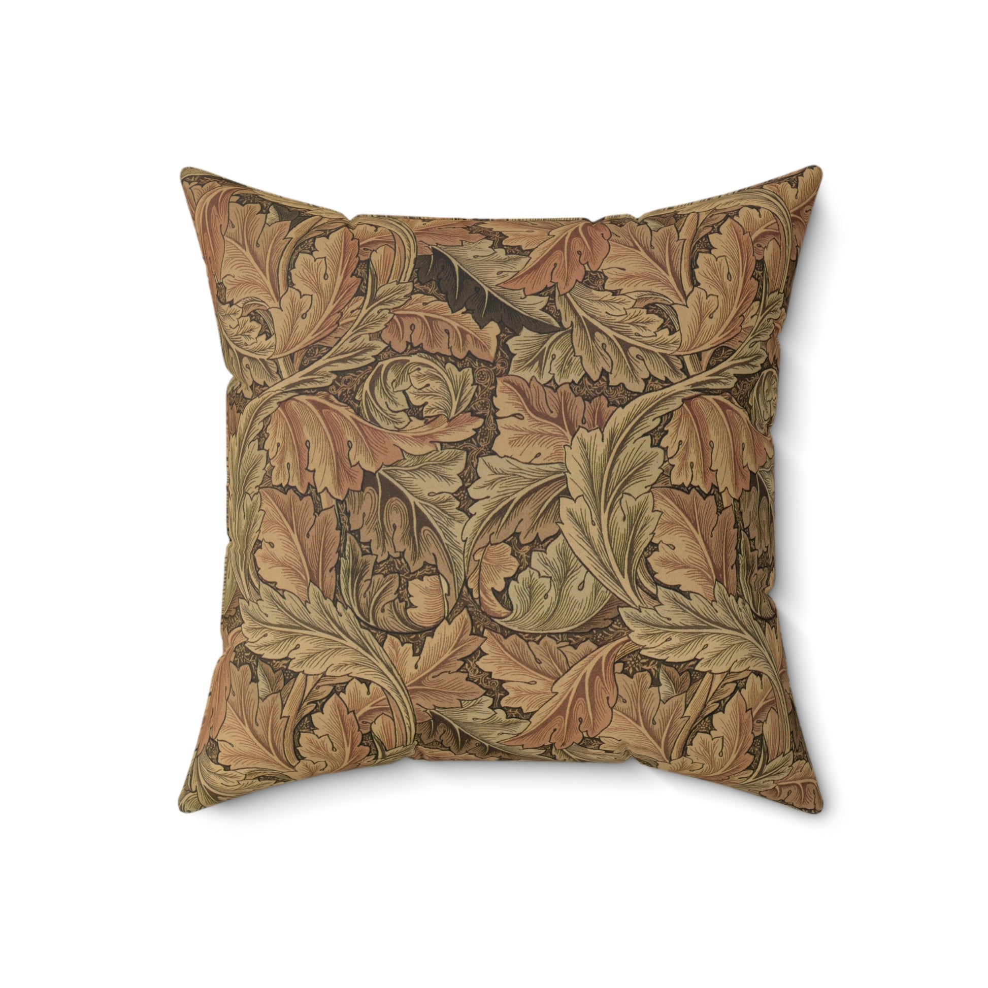 A square-shaped throw pillow with a brown faux suede cover featuring a leaf pattern inspired by William Morris - Acanthus Collection.