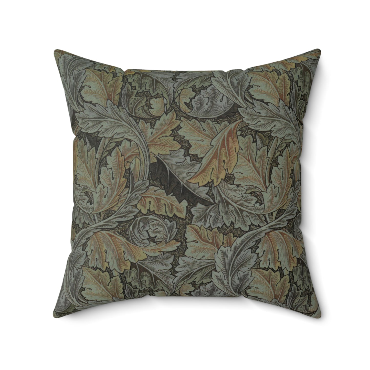 A square-shaped faux suede cushion with a William Morris & Co floral pattern in shades of grey, green, and beige.
