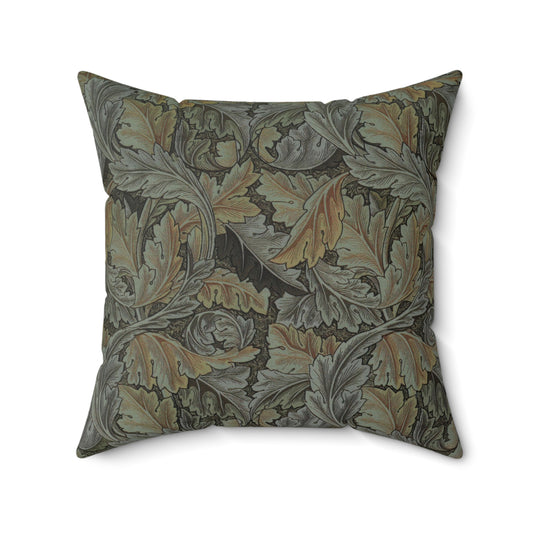 A square-shaped faux suede cushion with a William Morris & Co floral pattern in shades of grey, green, and beige.